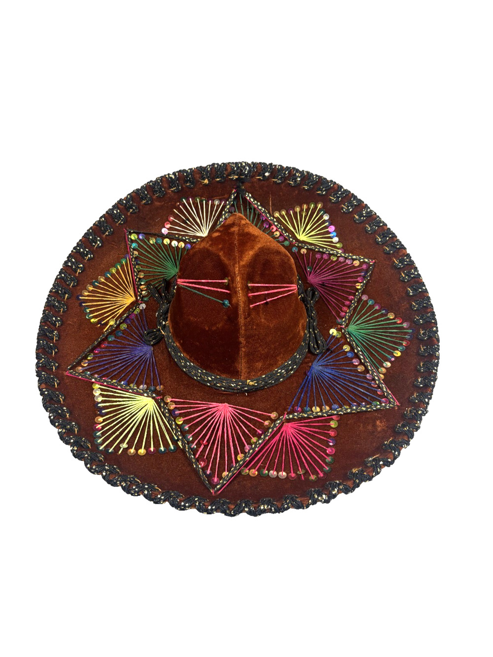 PIGALLE MARIACHI SOMBRERO HAT VELVET BROWN COLORFUL EMBROIDERED SEQUIN MEXICO